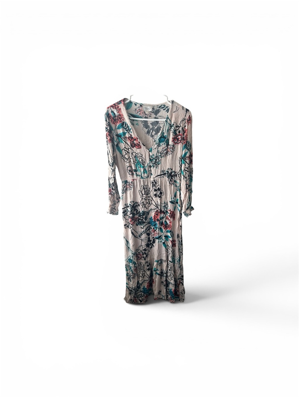 Beige by eci Cream Maxi Dress with Teal and Coral Floral Print